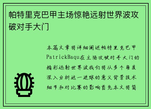 帕特里克巴甲主场惊艳远射世界波攻破对手大门